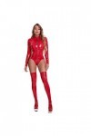 Sexy Hot Femmes Zipper Ouvert Entrejambe Onesie PVC Latex Onesie Faux Cuir Combinaison Sexy Vêtements Clubwear Salopette-Roug