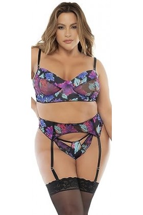 Mapalé by Espiral Lot de 3 pièces 8770 Ensemble de Lingerie, Imprimé Floral Black Dream, 1X/2X Femme