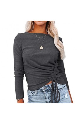 Pull tricoté Extensible pour Femme, Cordon de Serrage froncé à Manches Longues Haut Fin Col Rond Respectueux de la Peau pour 
