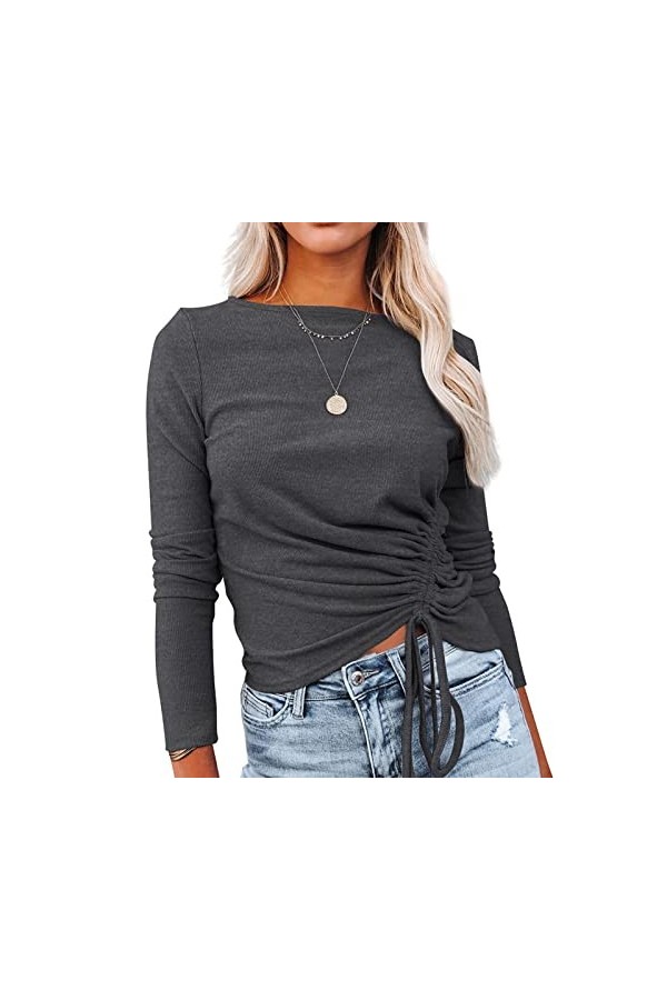 Pull tricoté Extensible pour Femme, Cordon de Serrage froncé à Manches Longues Haut Fin Col Rond Respectueux de la Peau pour 