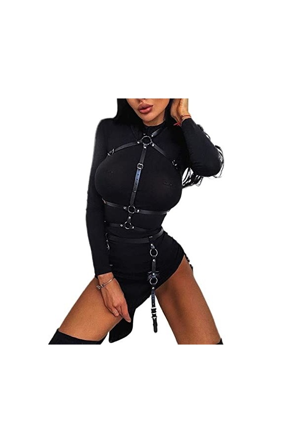 Mengsiy Lingerie Kulit Set Wanita Tali Kekang Seksi Pakaian Dalam Wanita Sabuk Goth Strap Paha Pakaian Festival Rave Size : 
