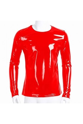 SARGE Chemise à Manches Longues en Cuir Brillant pour Hommes Manteau décontracté T-Shirt en Cuir Verni métallique Brillant po