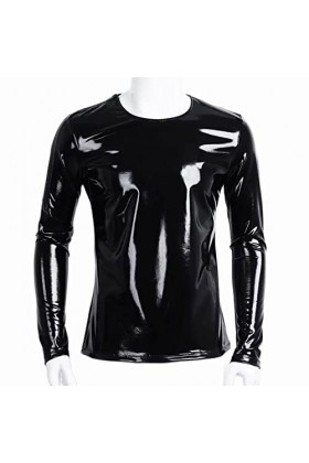 SARGE Chemise à Manches Longues en Cuir Brillant pour Hommes Manteau décontracté T-Shirt en Cuir Verni métallique Brillant po