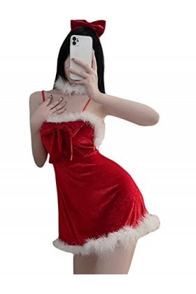 SNOMYRS Costume de Père Noël pour femme - Dos nu - Robe rouge avec nœud, Rouge, taille unique