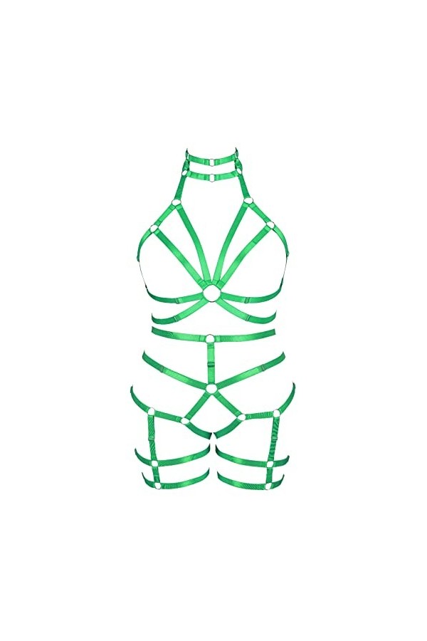Femmes Punk Cut Out Plus Size Harness Set Strappy Body Cage Lingerie Taille Ceintures Rave Wear Vert Fluorescent 