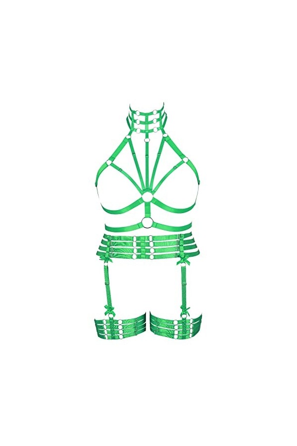JMMHSS Ensemble porte-jarretelles taille plus harnais complet pour femme Lingerie Punk Festival Rave Gothique Halloween Vert