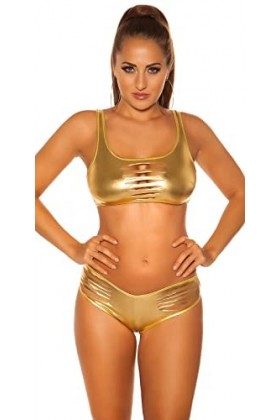 Koucla Gogo-Outfit Stretch au look mouillé avec des fissures sexy, or, S