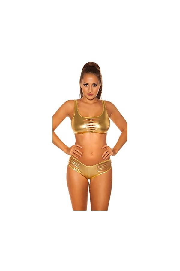 Koucla Gogo-Outfit Stretch au look mouillé avec des fissures sexy, or, S