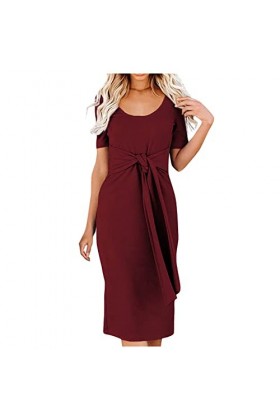 Robe Femme Soiree Robe Mi-Longue Noué en Coupe Slim pour Femmes, Robe Sexy à Manches Courtes et à Col Rond de Couleur Unie Vi