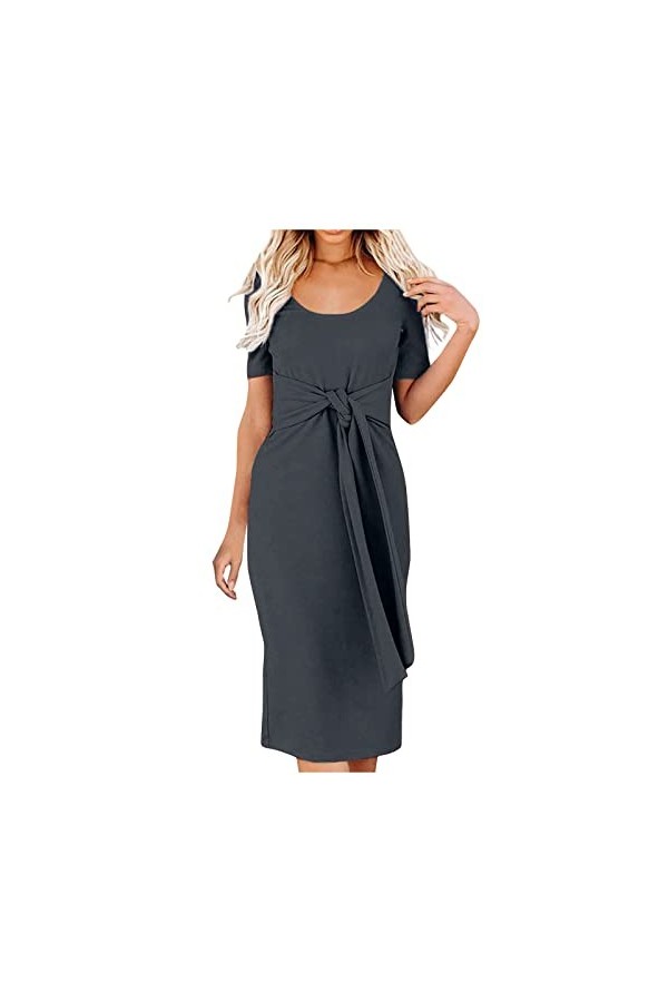 Robe Femme Soiree Robe Mi-Longue Noué en Coupe Slim pour Femmes, Robe Sexy à Manches Courtes et à Col Rond de Couleur Unie Vi