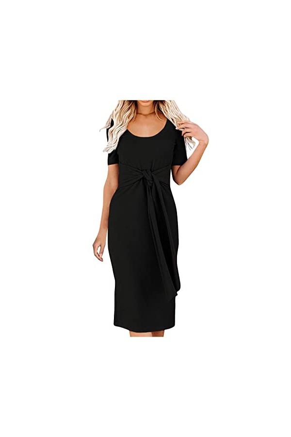 Robe Femme Soiree Robe Mi-Longue Noué en Coupe Slim pour Femmes, Robe Sexy à Manches Courtes et à Col Rond de Couleur Unie Vi