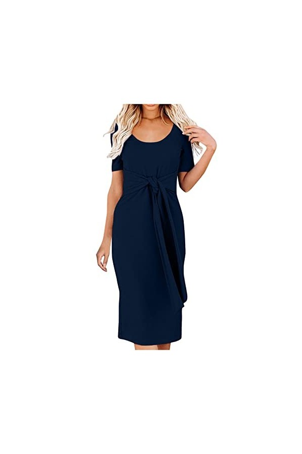 Robe Femme Soiree Robe Mi-Longue Noué en Coupe Slim pour Femmes, Robe Sexy à Manches Courtes et à Col Rond de Couleur Unie Vi