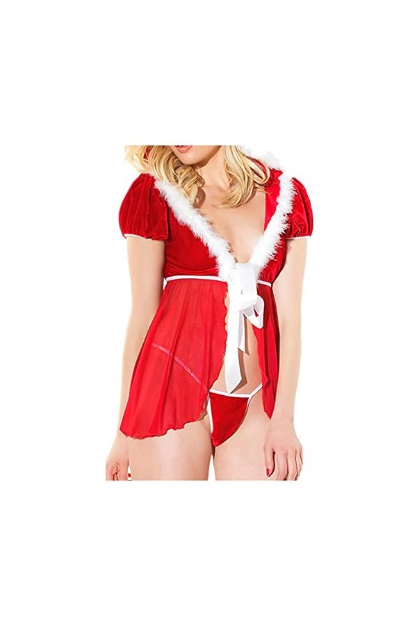 UIVHLW Lingerie Femme Deep V Bandage Dress Noël Voir À Travers Les Vêtements De Nuit en Dentelle