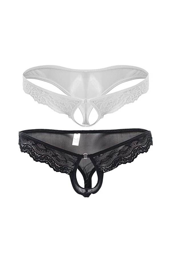 Anzhee Lot de 2 strings sexy en dentelle pour homme avec ouverture sur le devant Noir + rouge, Lot de 2 noir + blanc , taill