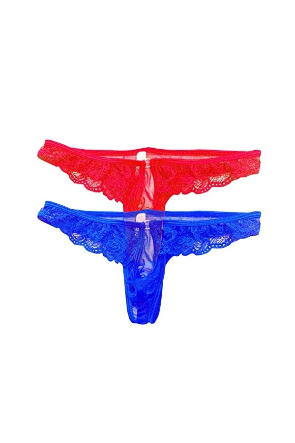 Anzhee Lot de 2 strings sexy en dentelle pour homme avec ouverture sur le devant Noir + rouge, Lot de 2 noir + blanc , taill
