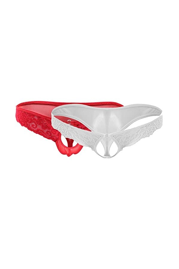 Anzhee Lot de 2 strings sexy en dentelle pour homme avec ouverture sur le devant Noir + rouge, Lot de 2 noir + blanc , taill