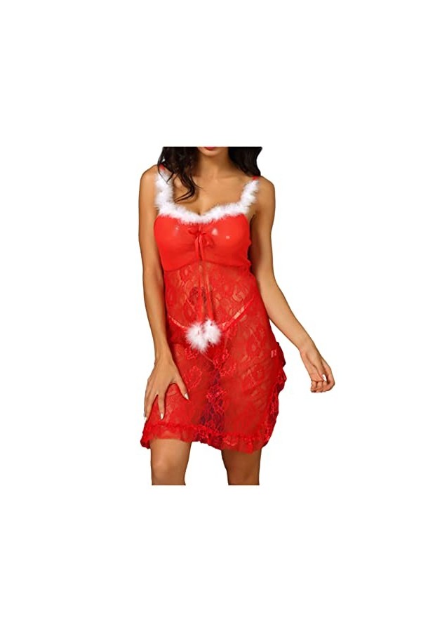 UIVHLW Lingerie Chemise De Nuit pour Femmes De Noël en Dentelle Brodée Robe Rouge Femme Grande Taille