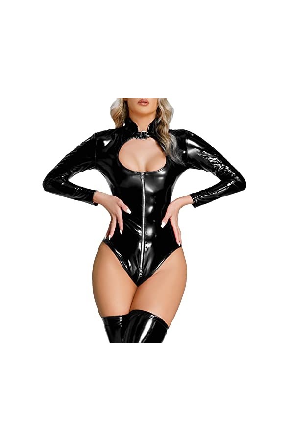 FEOYA Combinaison Courte Sexy pour Femme - Combinaison de fête - Fermeture éclair - en Cuir synthétique - Coupe Moulante, Noi