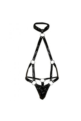 OLIns Homme Sexy Bodys Bodysuit Cuir Cou Suspendu Licou Dos Nu Ventre Exposé Lingerie Color:Black,Size:One size 