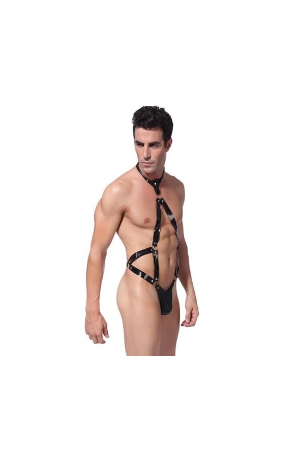 OLIns Homme Sexy Bodys Bodysuit Cuir Cou Suspendu Licou Dos Nu Ventre Exposé Lingerie Color:Black,Size:One size 
