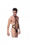OLIns Homme Sexy Bodys Bodysuit Cuir Cou Suspendu Licou Dos Nu Ventre Exposé Lingerie Color:Black,Size:One size 