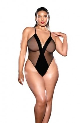 Oh là là Chéri Finesse Teddy en vinyle et maille souple avec bordure haltère et dos ouvert, noir, 1X/2X