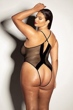 Oh là là Chéri Finesse Teddy en vinyle et maille souple avec bordure haltère et dos ouvert, noir, 1X/2X