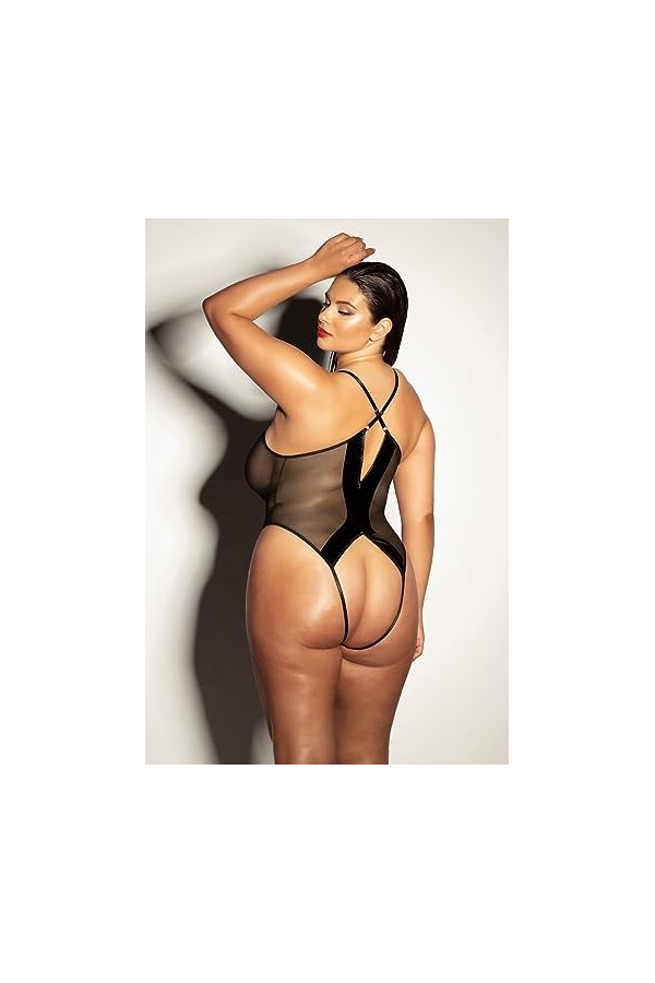 Oh là là Chéri Finesse Teddy en vinyle et maille souple avec bordure haltère et dos ouvert, noir, 1X/2X