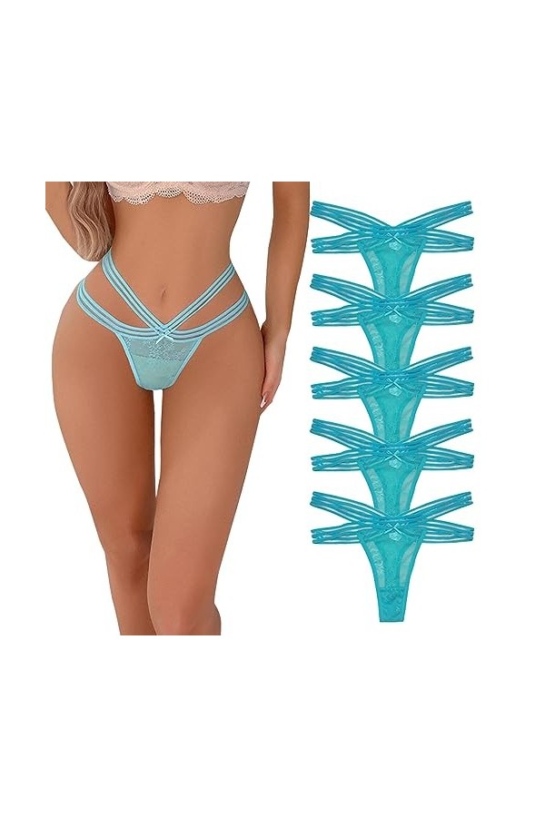Necalisi Lot de Culotte Femme Lot de 5 Bleu Femmes sous-vêtements Sexy en Dentelle Stretch Slip Culotte Shorties String XL