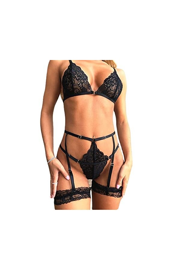 Jeune filleEnsemble Sexy de Lingerie érotique à épissures croisées pour Femmes, Noir, L