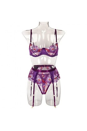 Bodys Femme Lingerie Sexy en Dentelle Amovible avec Chaîne en Métal pour Femme,Violet 5,L