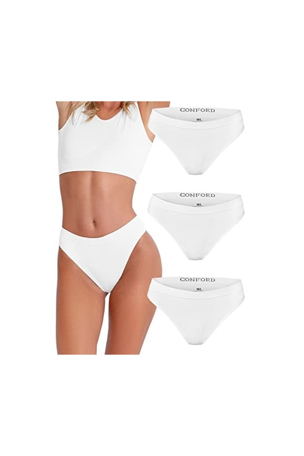 Conford Sous-vêtements pour femme 3 pièces - Sous-vêtements extra moulants sexy sans couture string string, Blanc., XL/XXL
