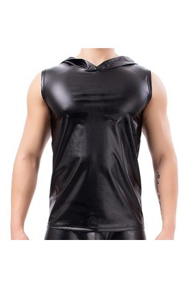 DCIUSTFHE Hommes Sexy Mat Faux Cuir sans Manches À Capuche T-Shirt Gilet Boîte De Nuit Barres DS Jeu De Rôle Scène Costume,No