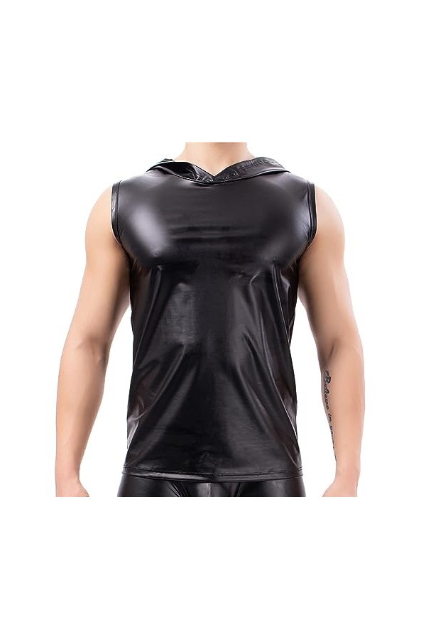 DCIUSTFHE Hommes Sexy Mat Faux Cuir sans Manches À Capuche T-Shirt Gilet Boîte De Nuit Barres DS Jeu De Rôle Scène Costume,No
