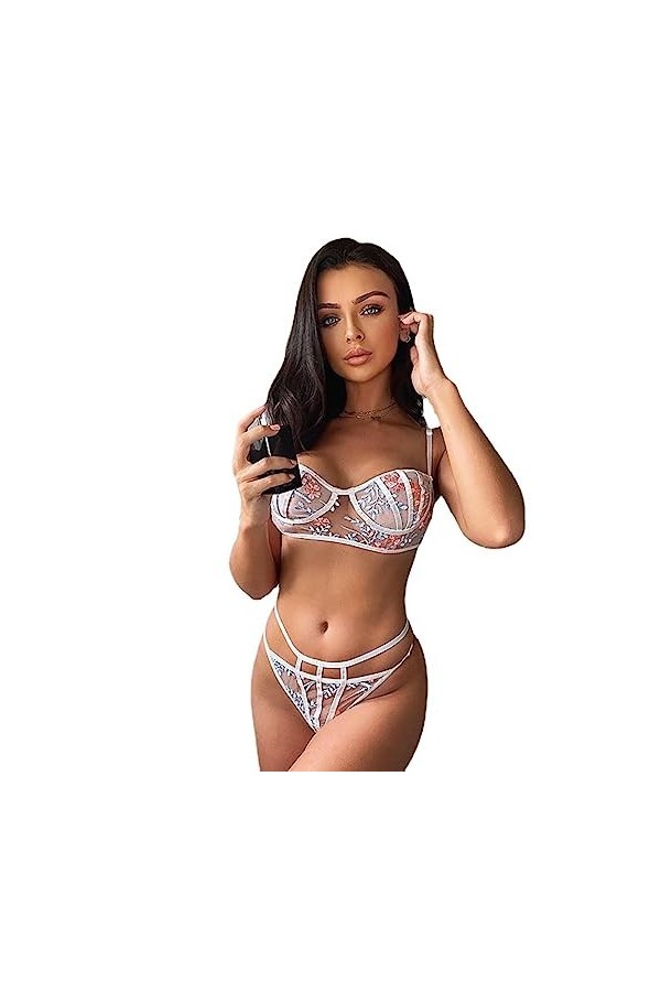 ZTIANEF LatexEnsemble de Broderie de Dentelle de Lingerie érotique d’été, Blanc, M