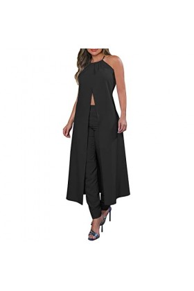 Eauptffy Dos Nu Top Femmes Décontracté Suspendu Cou sans Manches Couleur Unie Dos Haut Ample Taille Haute Pantalon Costume Ha