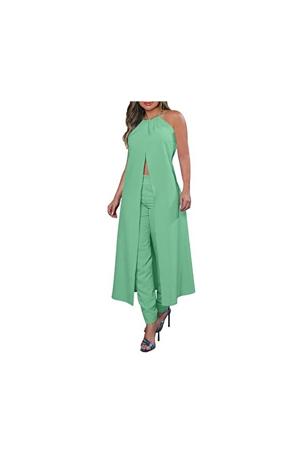 Eauptffy Dos Nu Top Femmes Décontracté Suspendu Cou sans Manches Couleur Unie Dos Haut Ample Taille Haute Pantalon Costume Ha