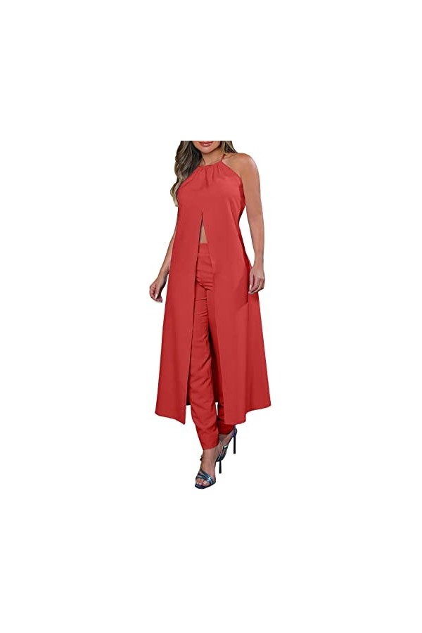 Eauptffy Dos Nu Top Femmes Décontracté Suspendu Cou sans Manches Couleur Unie Dos Haut Ample Taille Haute Pantalon Costume Ha