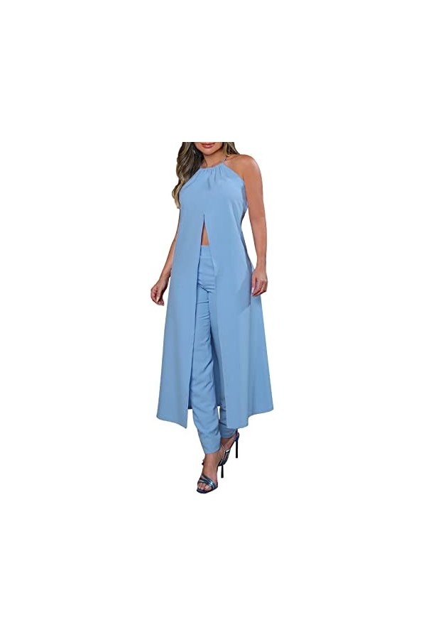 Eauptffy Dos Nu Top Femmes Décontracté Suspendu Cou sans Manches Couleur Unie Dos Haut Ample Taille Haute Pantalon Costume Ha