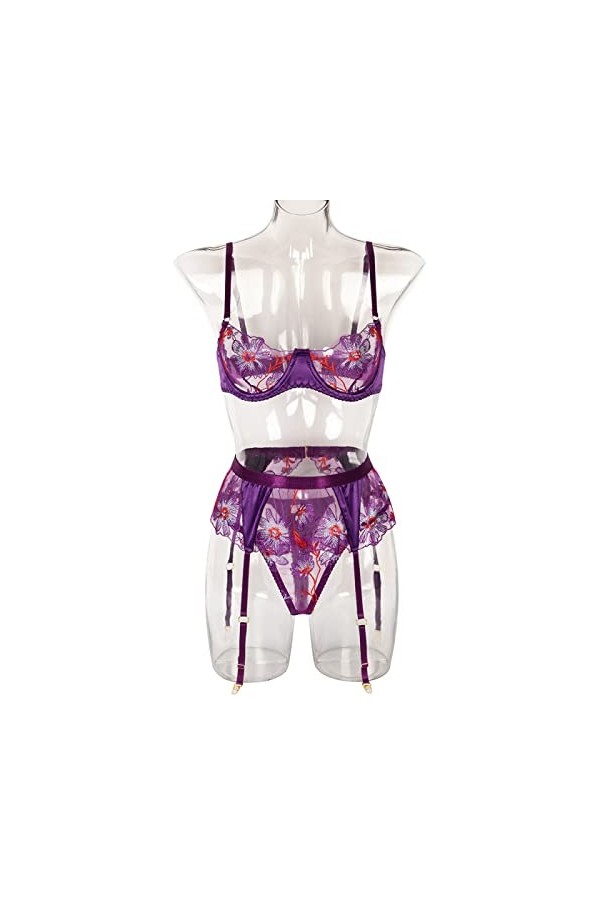 Bodys Femme Lingerie Sexy en Dentelle Amovible avec Chaîne en Métal pour Femme,Violet 5,L