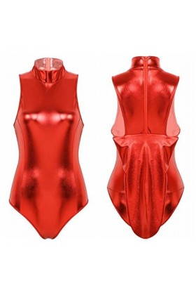 JIANGKE Lingerie une pièce sexy métallique brillante pour femme avec dos et gant de brassard, col montant, coupe haute, jeu d