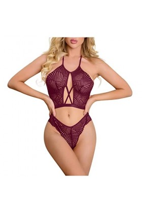 UIVHLW Nuisette Extensible Évider Deep V Halter Lace Transparent Women Lingerie Set Costumes