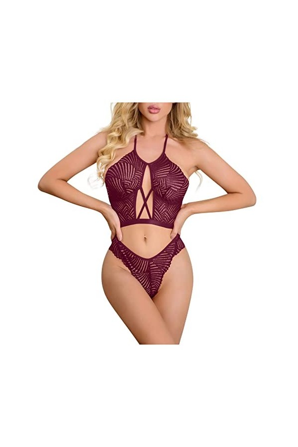 UIVHLW Nuisette Extensible Évider Deep V Halter Lace Transparent Women Lingerie Set Costumes