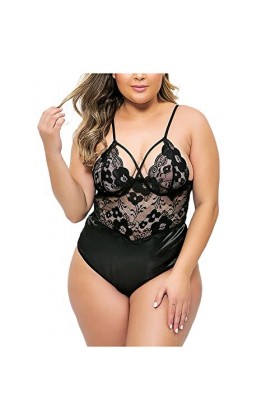 UIVHLW Tenues Boudoir Costumes en Maille De Dentelle Transparente Noire Col en V Évider Robes De Grande Taille