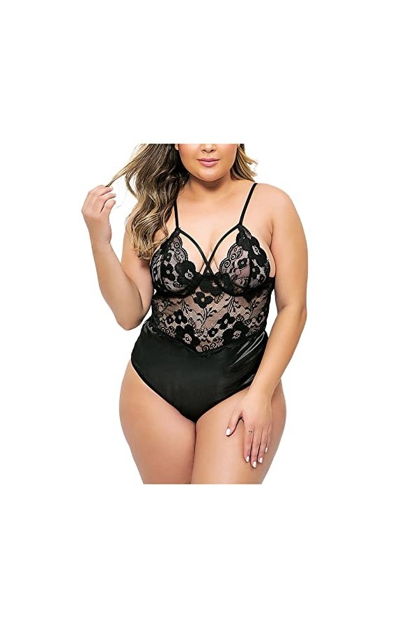 UIVHLW Tenues Boudoir Costumes en Maille De Dentelle Transparente Noire Col en V Évider Robes De Grande Taille