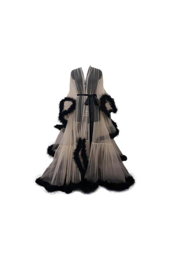 QQBAIHUO Lingerie Sexy Femmes Plume Robe Sexy Boudoir Robe Plume Robe De Mariée Tulle Illusion Longue Écharpe De Mariage,S