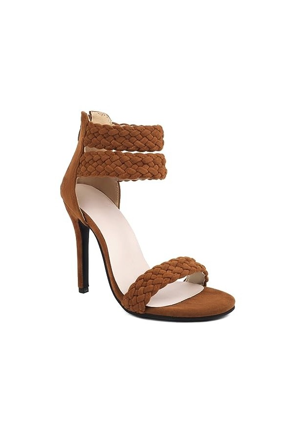 WOkismD 11CM / 4.33IN Sandales à talons hauts en daim dété Chaussures à talons aiguilles à bout ouvert,Marron,48 EU