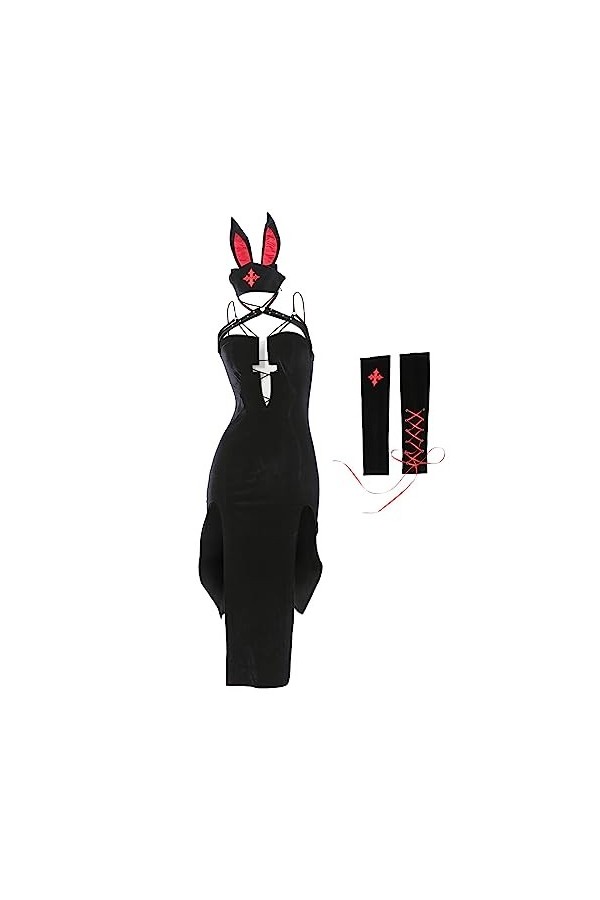 VIRACIN Womens Sexy Gothique Cosplay Bunny Girl Backless Cordon Ajustement Robe Fente Haute Miccostumes Hommes Dabi Méchant C