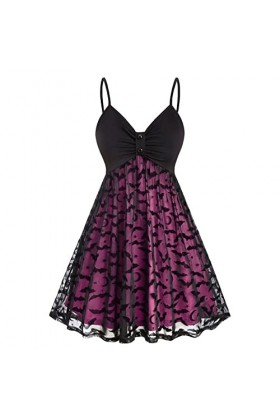 VIRACIN Femmes Vintage Halloween Imprimer Sling Double Couche Mousseline de Soie Maille V Cou Robe Vintage Robe Jupe Accessoi