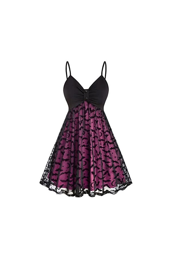 VIRACIN Femmes Vintage Halloween Imprimer Sling Double Couche Mousseline de Soie Maille V Cou Robe Vintage Robe Jupe Accessoi